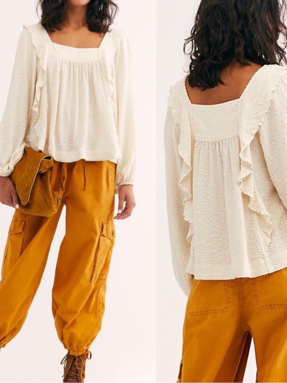 Free People Bonnie Blouse Cream Ruffle Peasant Boho Top XS - Picture 10 of 10